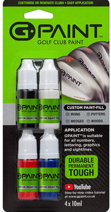 G-Paint Golf Club Paint - Touch Up, Fill In, Customise or Renovate Your Clubs - 4 Pack of 10ml Bottles. Black, White, Red & Blue